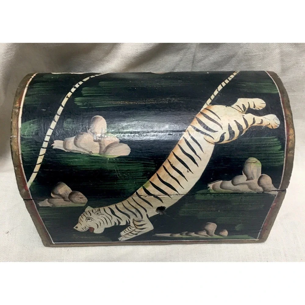 Vintage‎ Hand Painted Wood Trinket Trunk Small Painted Tigers Tribal Folk Art